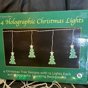 Vintage - 4- Lighted Holographic Christmas Tree String Lights - 8" Tall- Rare
